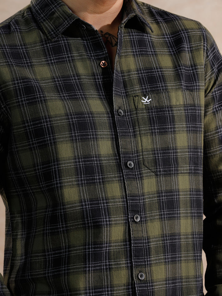 Tonal Herringbone Checked Fit Shirt | Green
