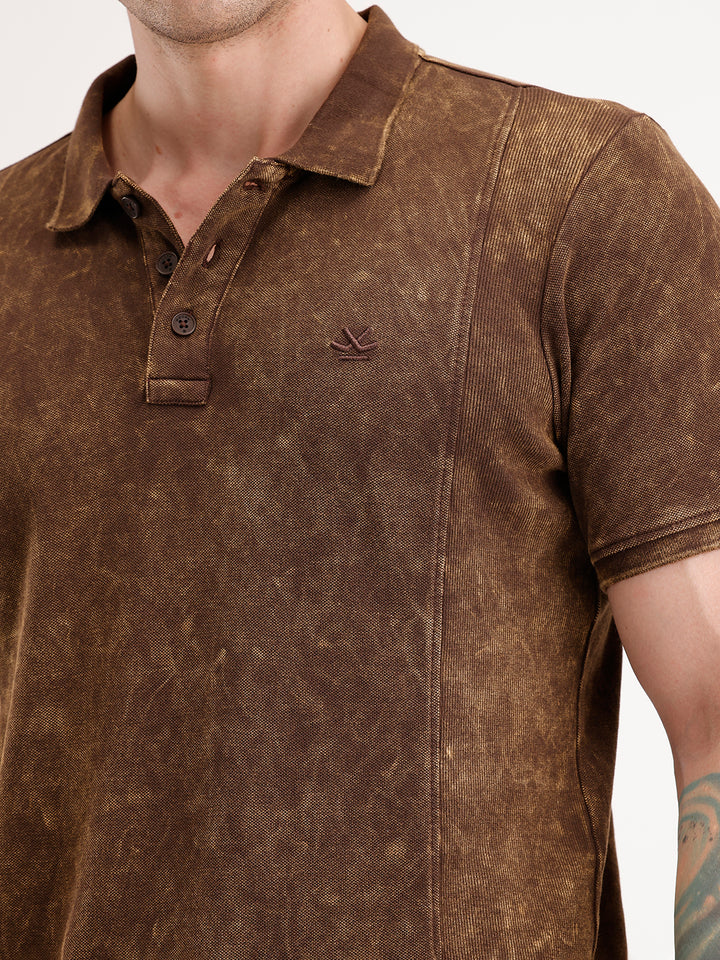 Slim Fit Washed Cut & Sew Polo T-Shirt | Brown
