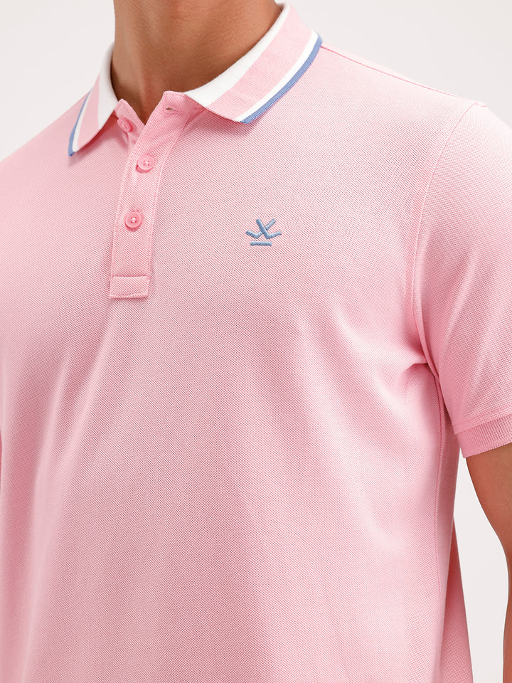 Slim Fit Contrast Collar Polo T-Shirt  | Pink