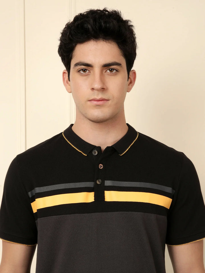 Cut & Sew Printed Stripes Polo T-Shirt