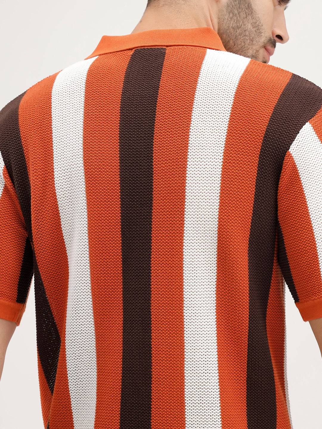 Slim Fit Striped Flat Knit Polo T-Shirt | Rust