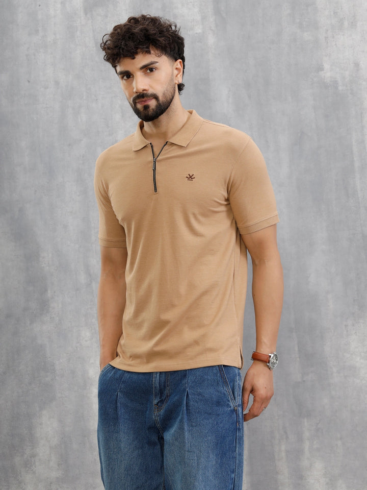 Zipper Polo T-Shirt | Beige