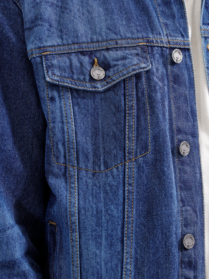 Slim Fit Laser Printed Denim Trucker | Dark Wash