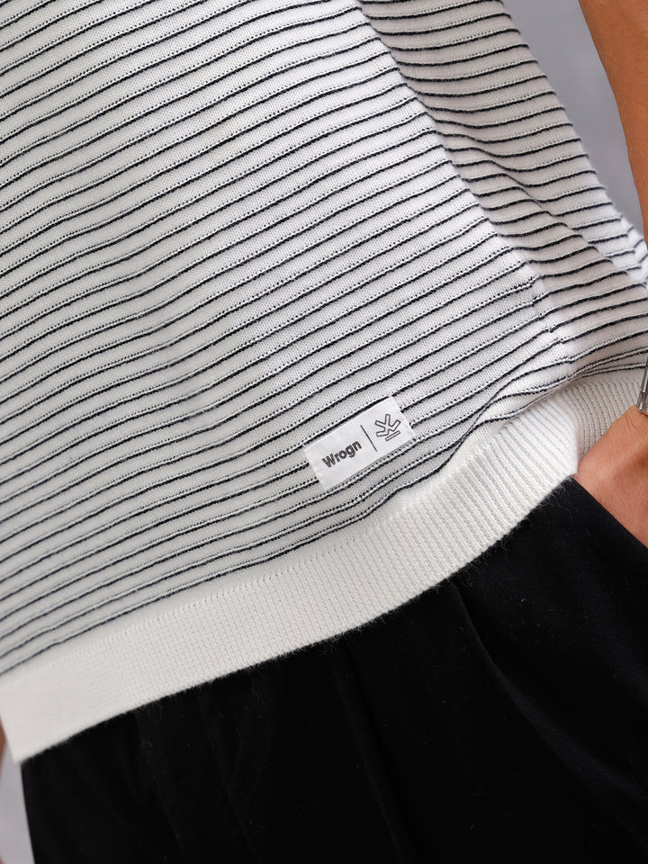 Flat Knit Striped Pattern Polo T-Shirt| White