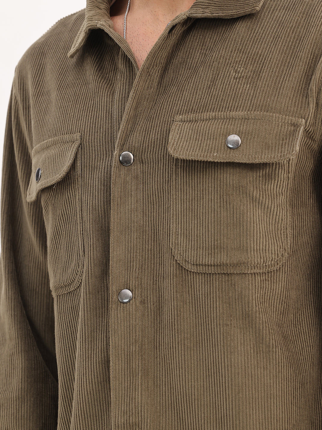 Solid Regular Fit Double Pocket Corduroy Jacket | Olive