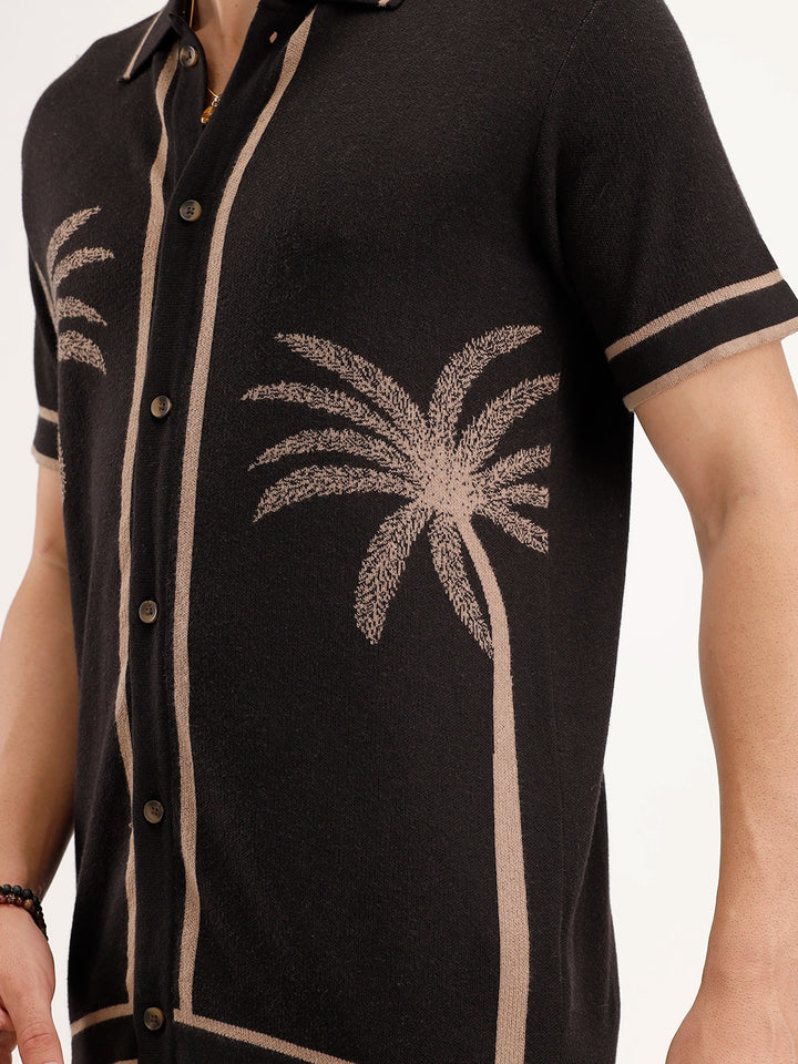 Slim Fit Jacquard Resort Collar Shirt | Black