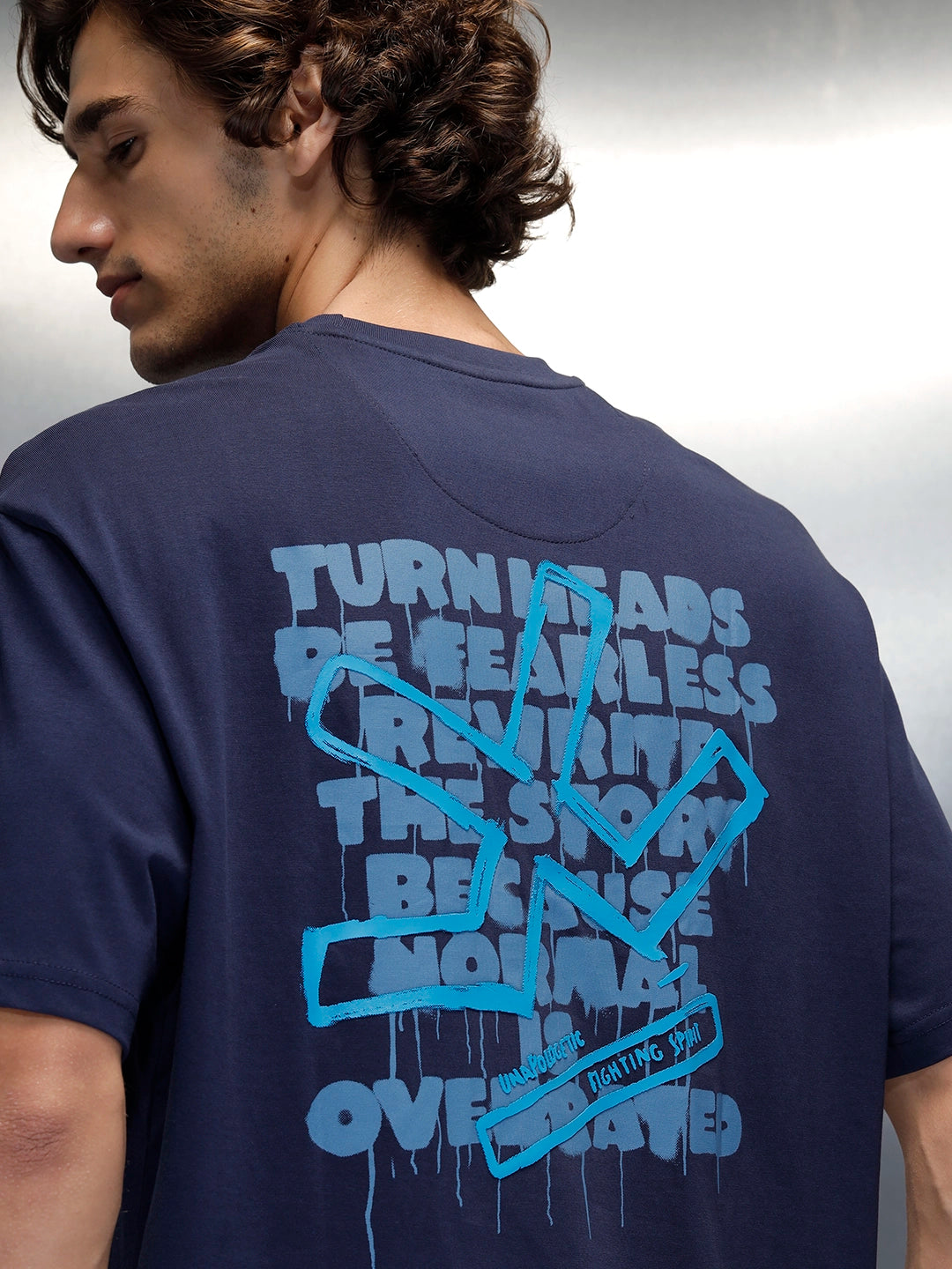 Wrogn Typography Printed Oversized T-Shirt | Navy Blue