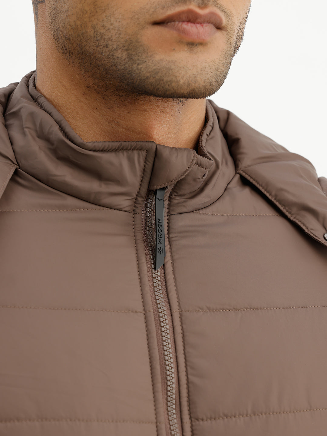 Solid Regular Fit Puffer Jacket | Brown