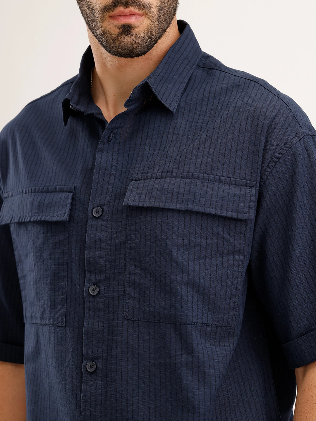 Oversized Linen Blend Striped Shirt | Navy