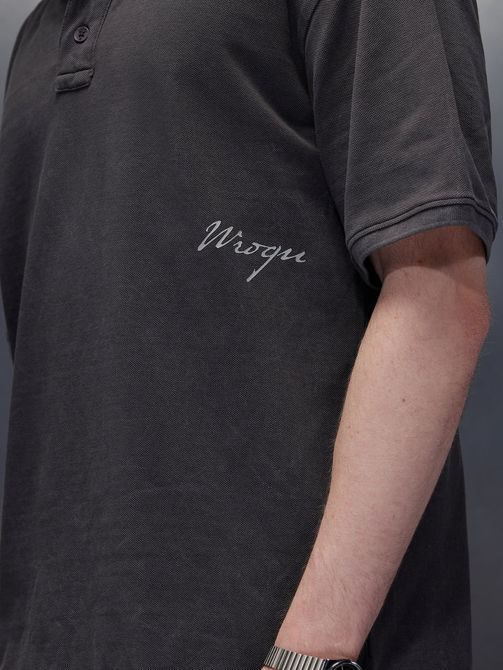 Washed Polo Neck Oversized T-Shirt With Branding | Dark Grey