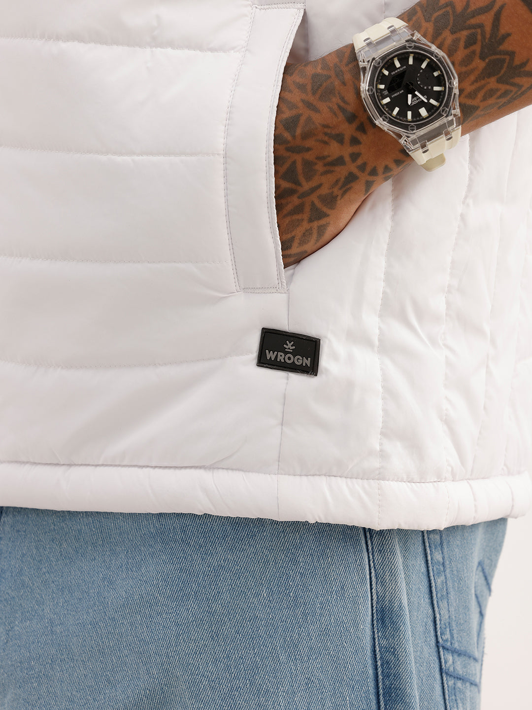 Solid Cut Off Sleeve Puffer Jacket | White