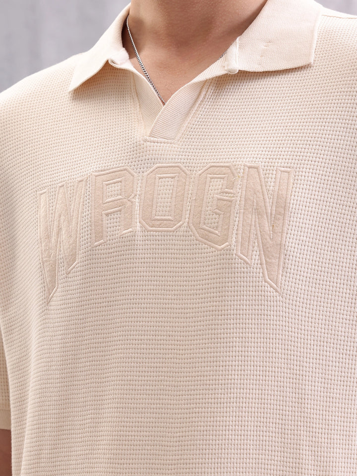 Textured Tonal Embroidered Oversized Fit Jhonny Collar T-Shirt | Beige
