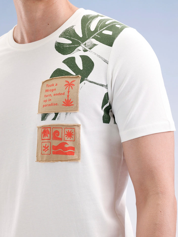 Slim Fit Placement Patch Printed T-Shirt  | Off White