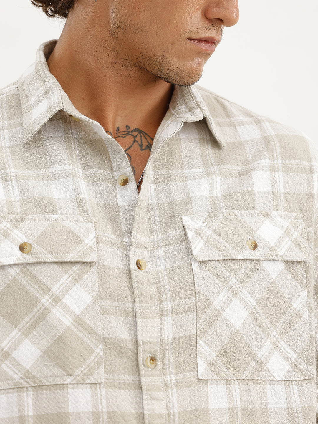 Double Pocket Checkered Shirt | Beige