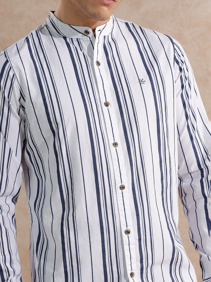 Striped Mandarin Collar Shirt | White