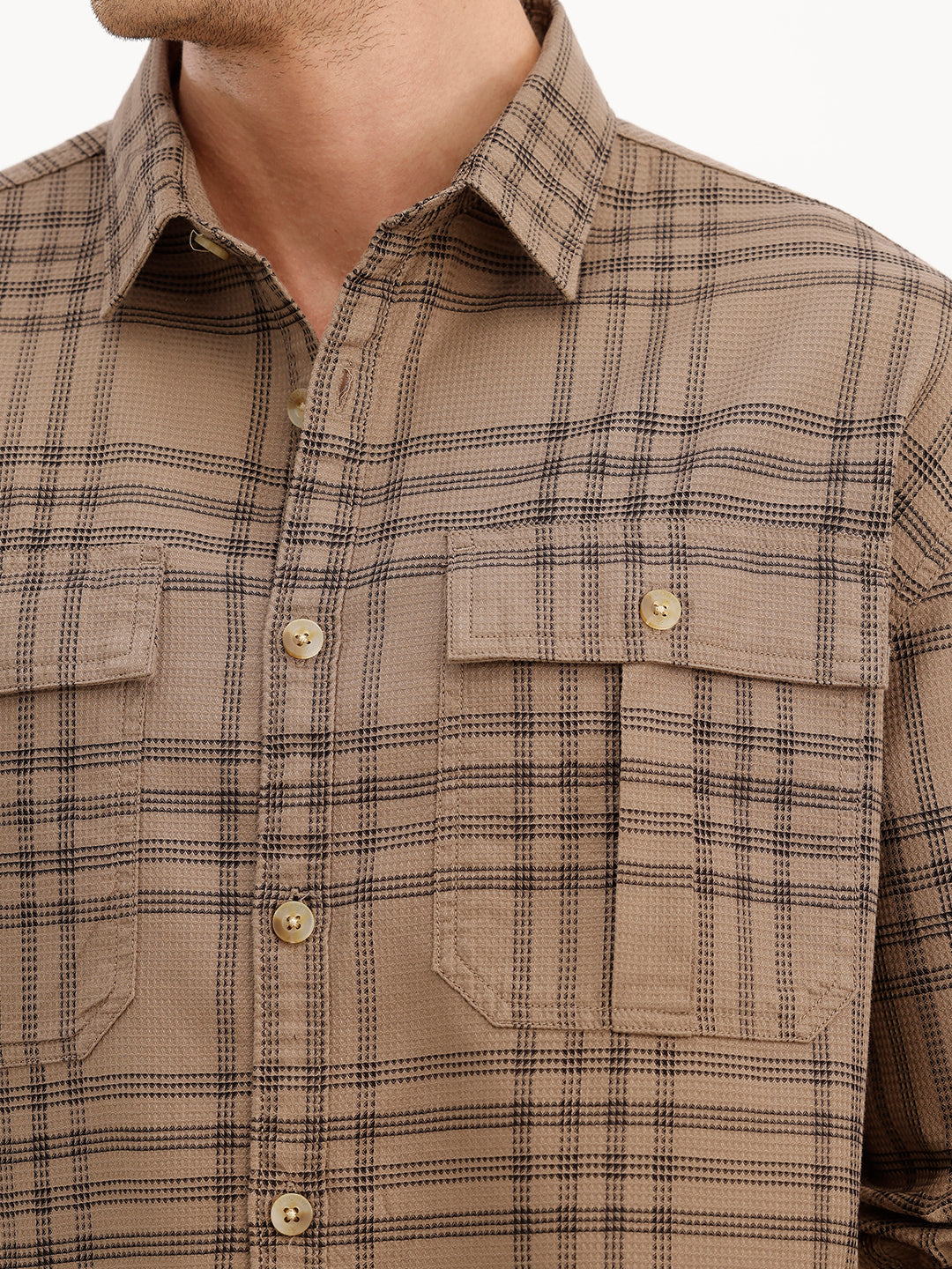Oversized Double Pocket Checkered Shirt | Brown