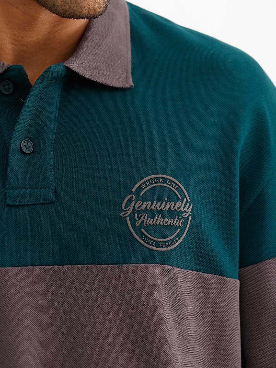 Oversized Cut & Sew Full Sleeve Polo T-Shirt | Green