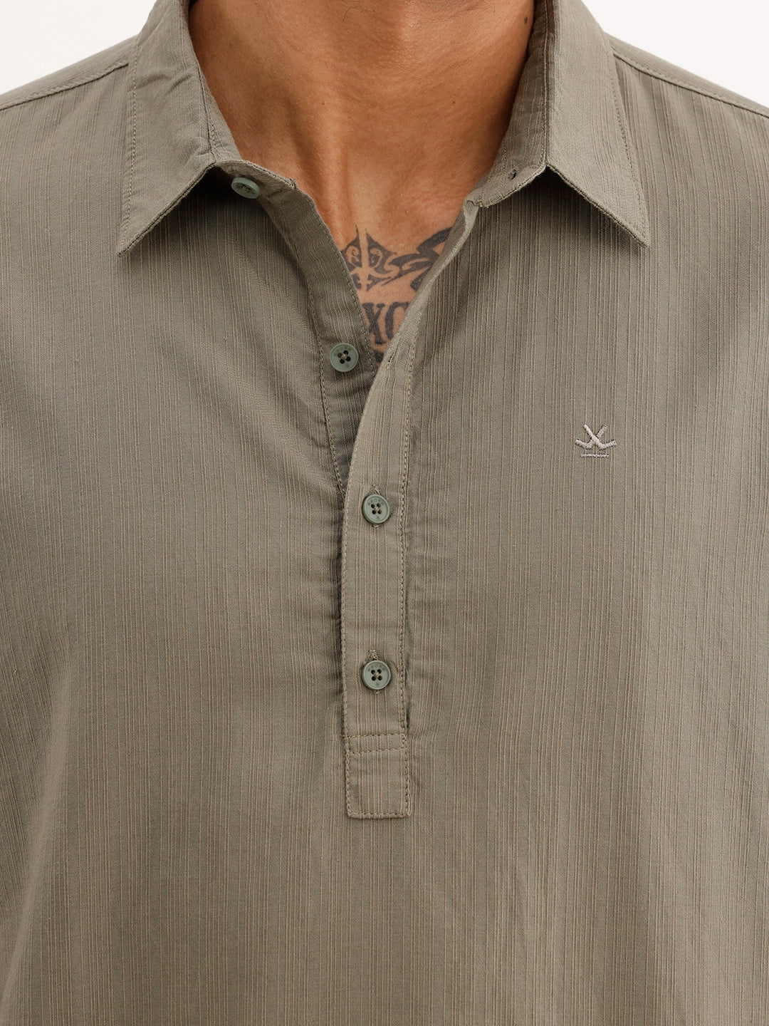 Textured Half Placket Full Sleeve Shirt | Olive