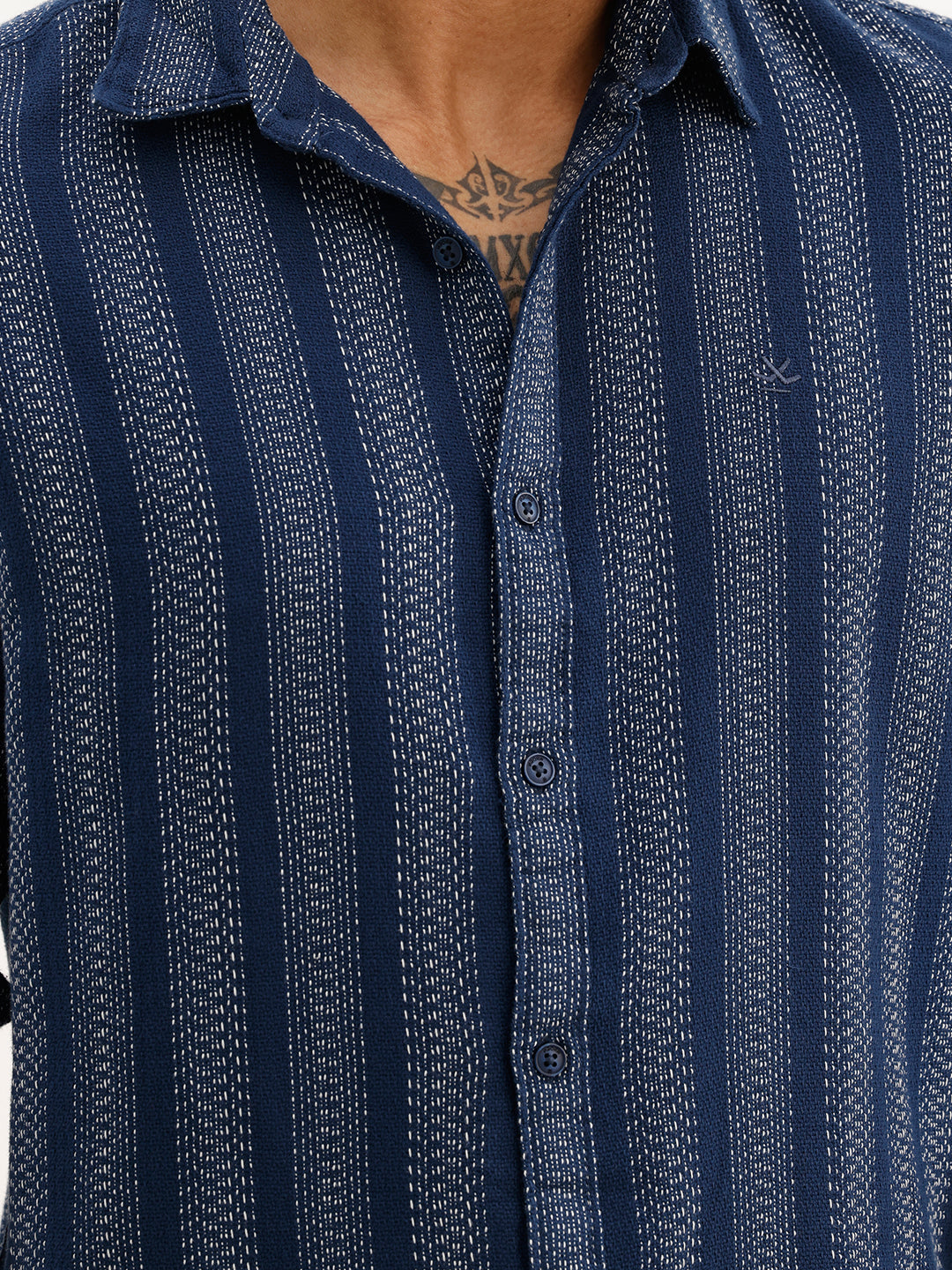 Slim Fit Striped Full Sleeve Shirt | Navy Blue
