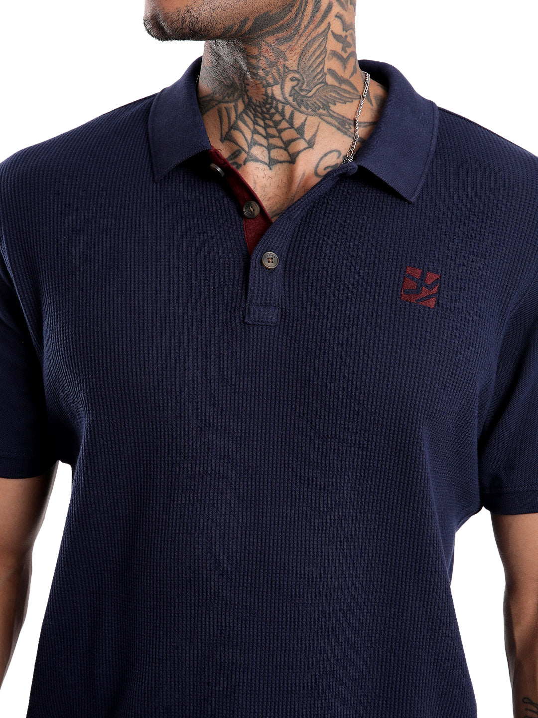 Solid Navy Waffle Knitted Polo T-Shirt