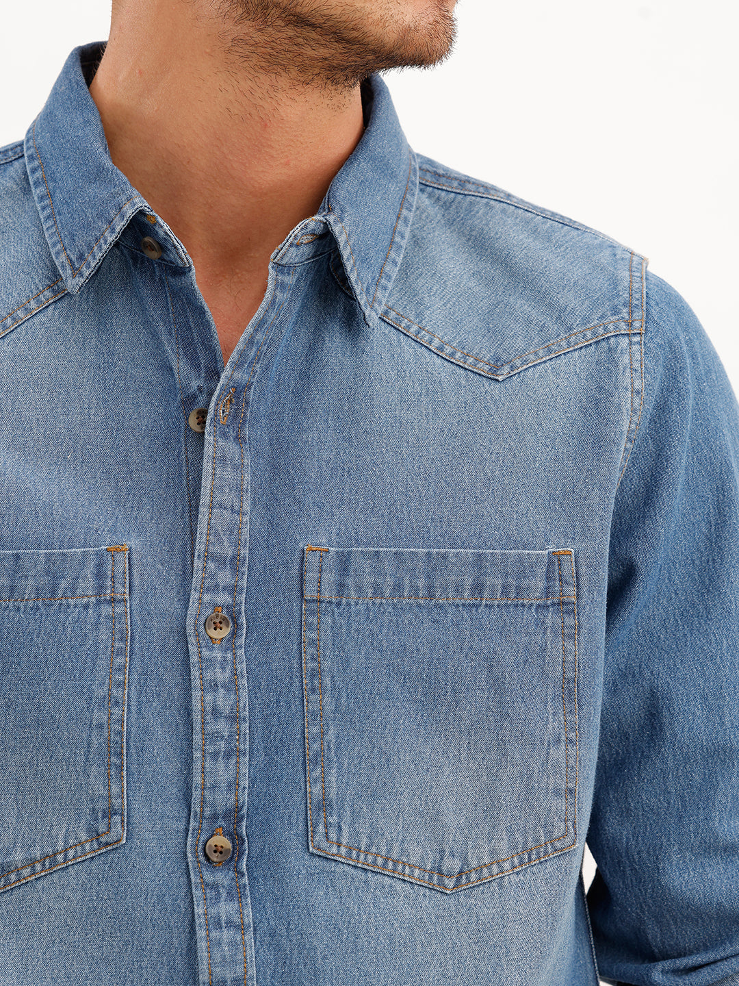 Indigo Washed Casual Regualr Fit Denim Shirt | Blue