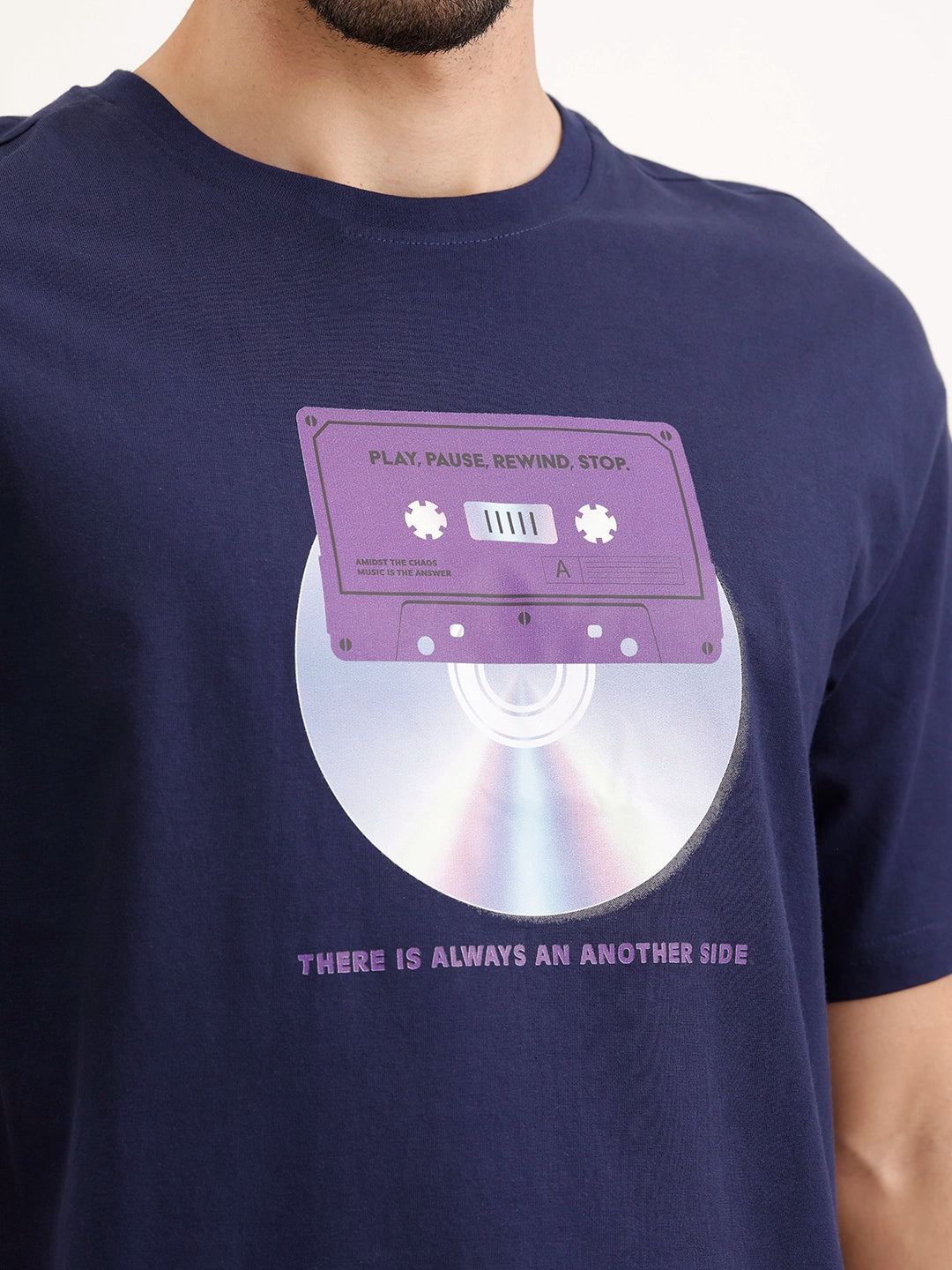 Oversized Placement Printed T-Shirt | Navy Blue