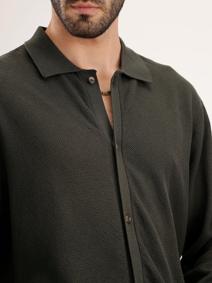 Slim Fit Flat Knit Shirt | Olive