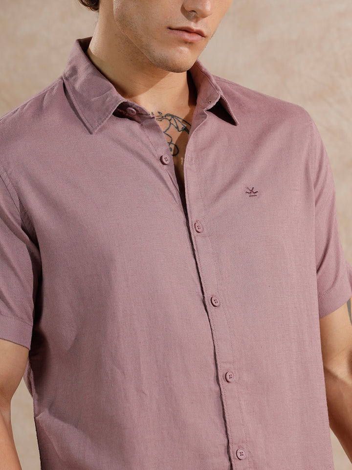 Solid Linen Blend Slim Fit Shirt | Dark Pink