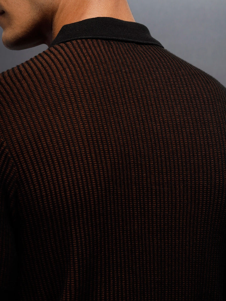 Textured Knit slim fit Polo T-shirt | Brown