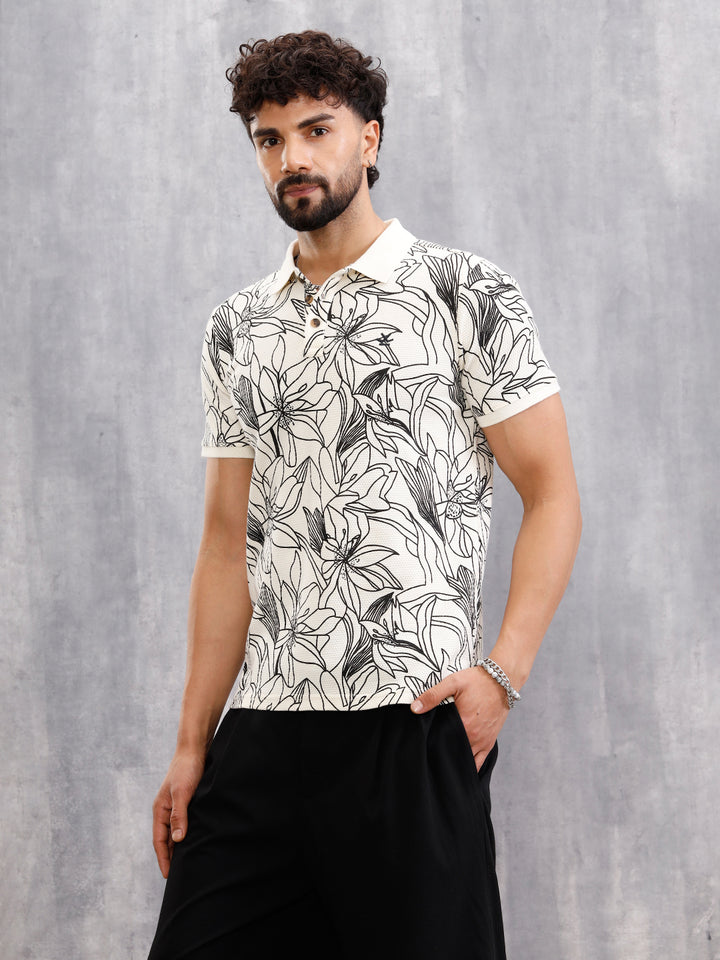 Floral Abstract Aop Polo T-Shirt  | Off White