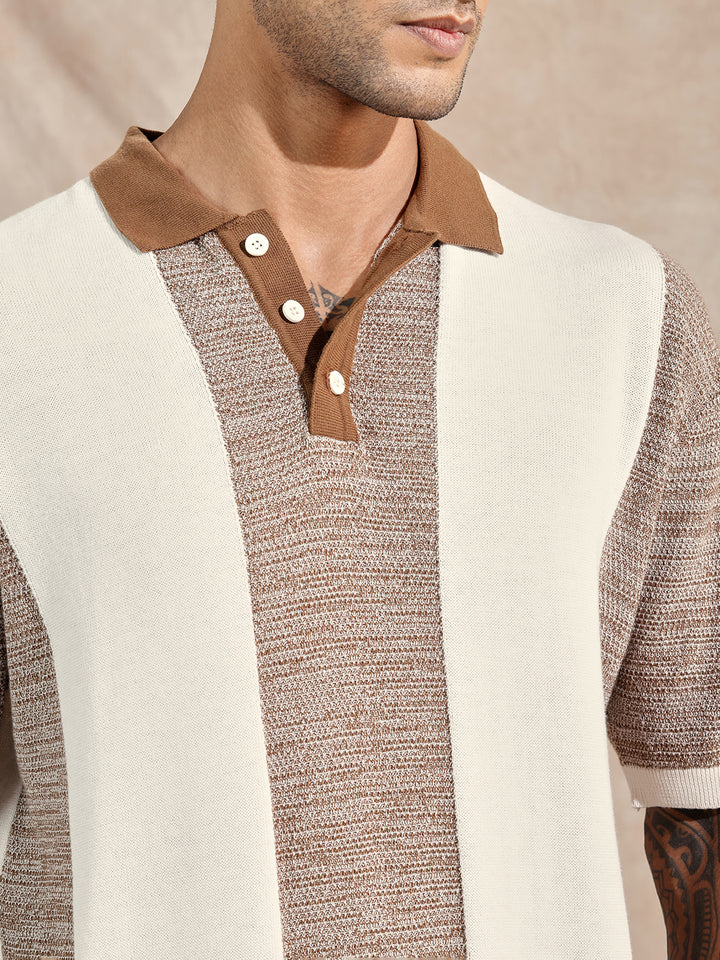 Textured Flat Knit Polo T-Shirt | Maroon & Beige