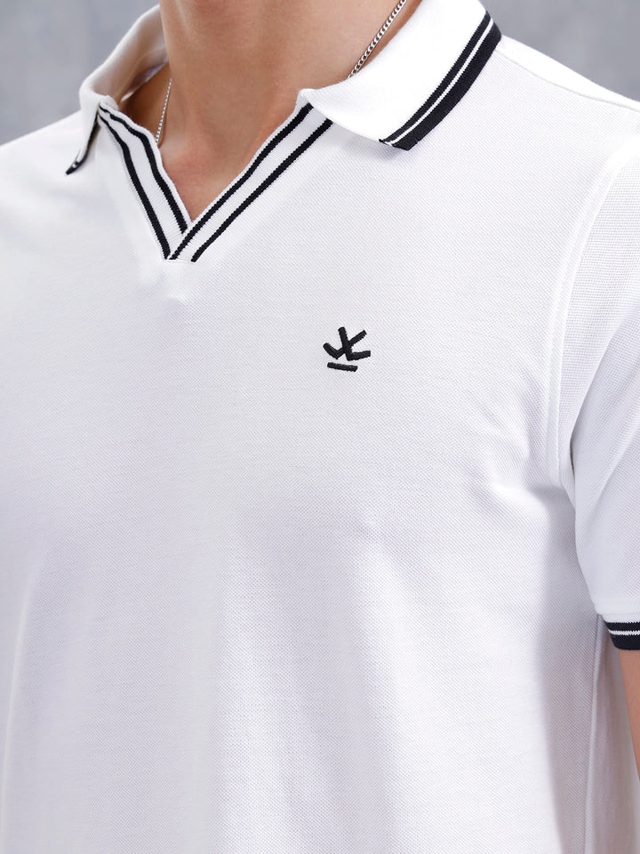 Slim Fit 100% Cotton Johnny Collar Polo With Contrast Tipping | White