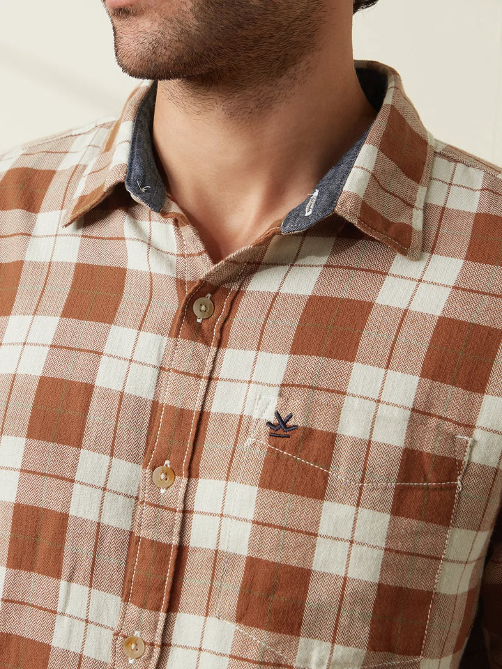 Checked Herringbone Slim Fit Shirt | Brown