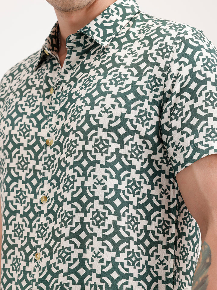 Slim Fit AOP Half Sleeve Shirt | Dark Green