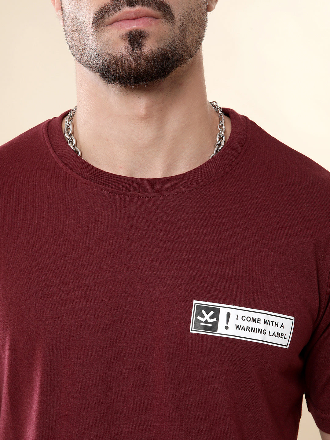 Warning Label Printed Maroon T-Shirt