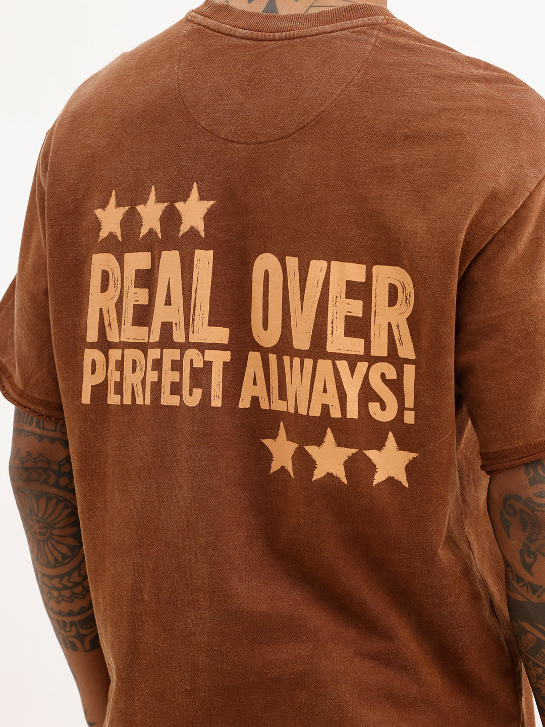 Oversized Washed Back Printed T-Shirt | Brown | WTS02HSOS1077S