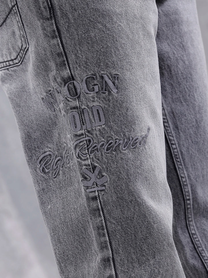 Men Casual Anti Fit Jeans With Embroidery  | Grey