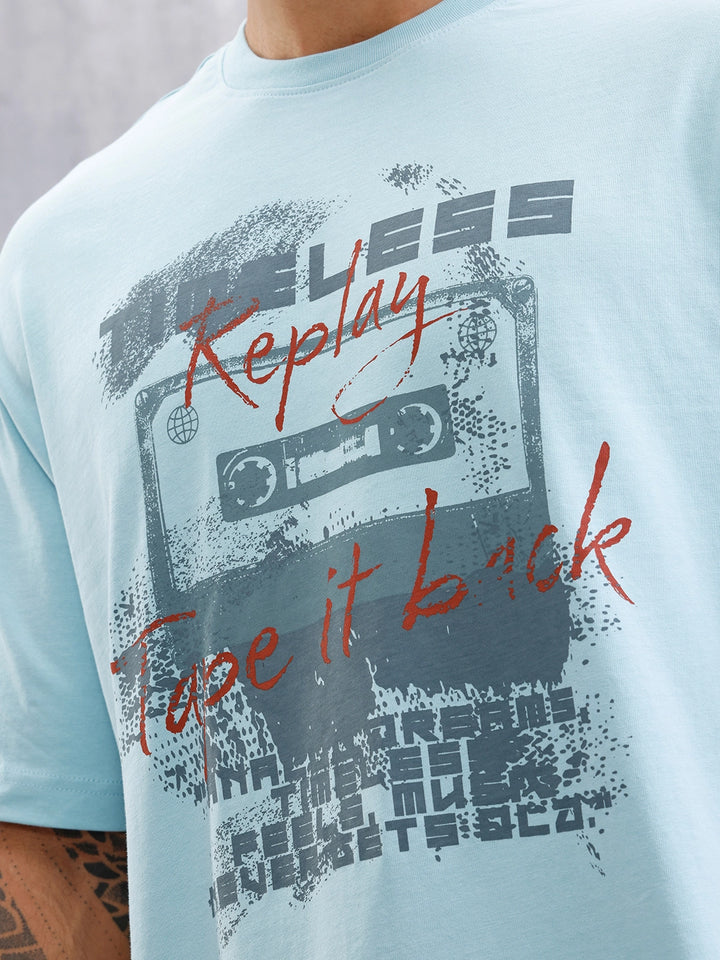 Timeless Casette Graphic Printed Oversized Fit Tshirt | Light Blue