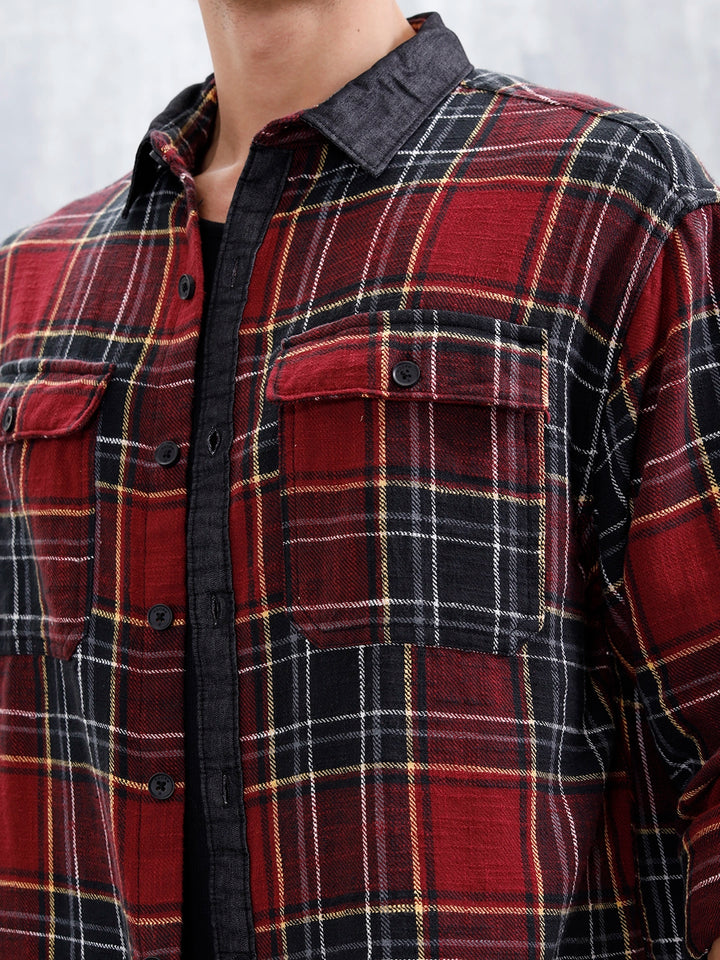 Casual Oversized Fit Checkered Pattern Shirt | Red