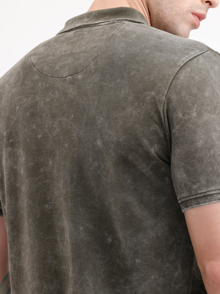 Slim Fit Washed Cut & Sew Polo T-Shirt | Olive