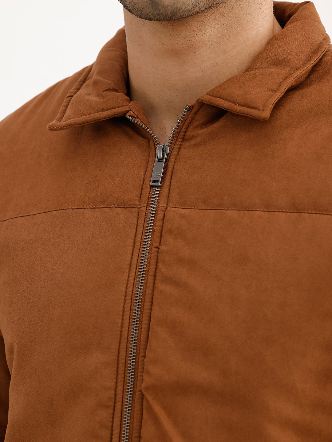 Solid Regular Fit Zipper Jacket | Brown