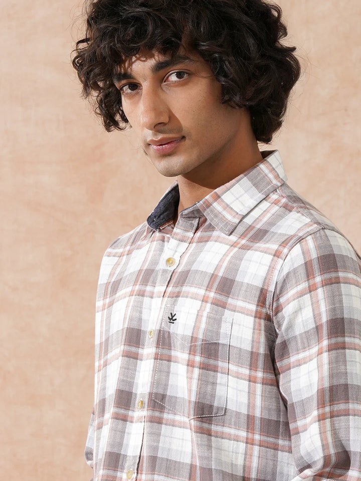 Checked Cotton Slub Shirt | Orange