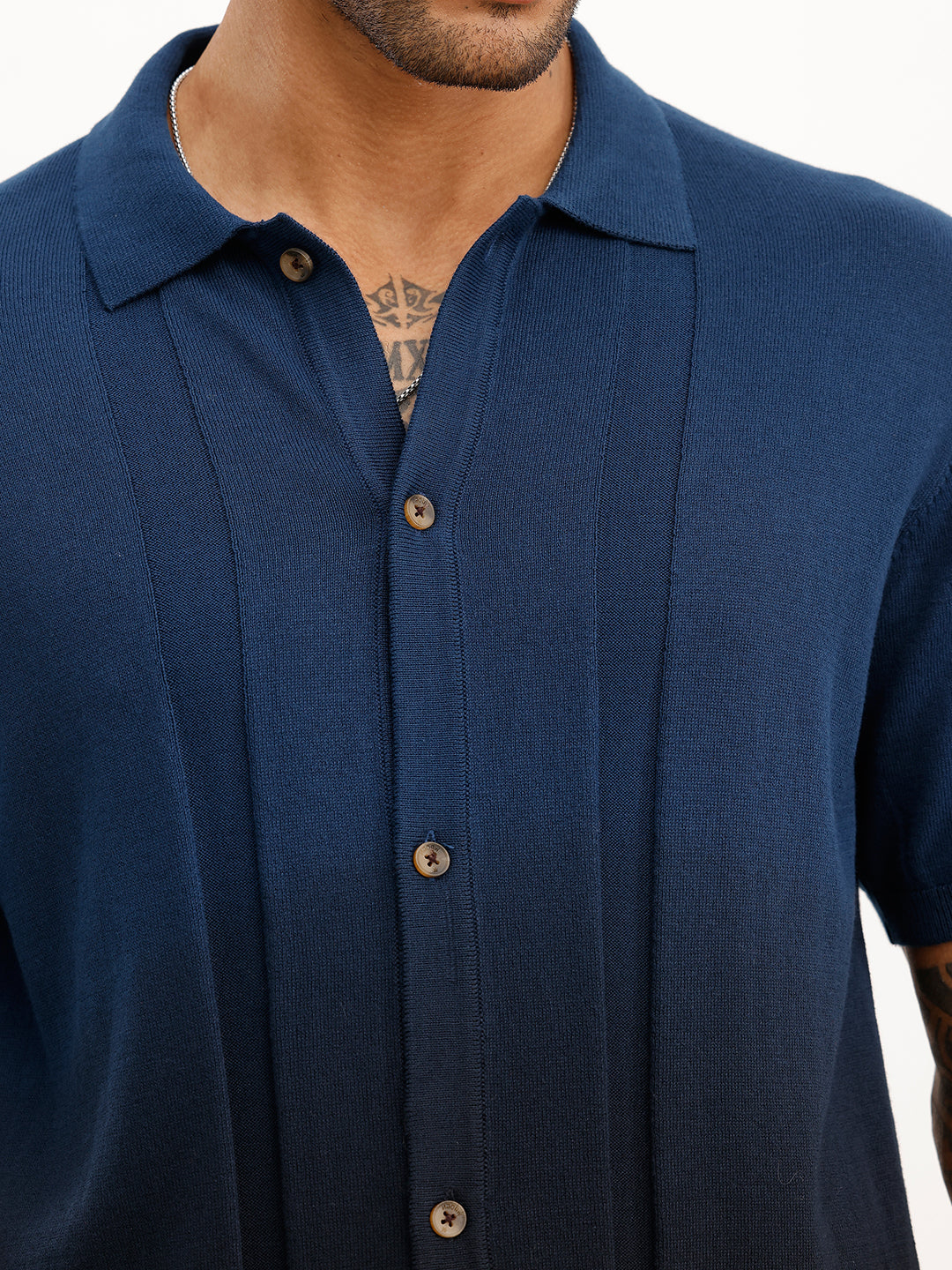Solid Half Sleeve Flat Knit Shirt | Navy Blue