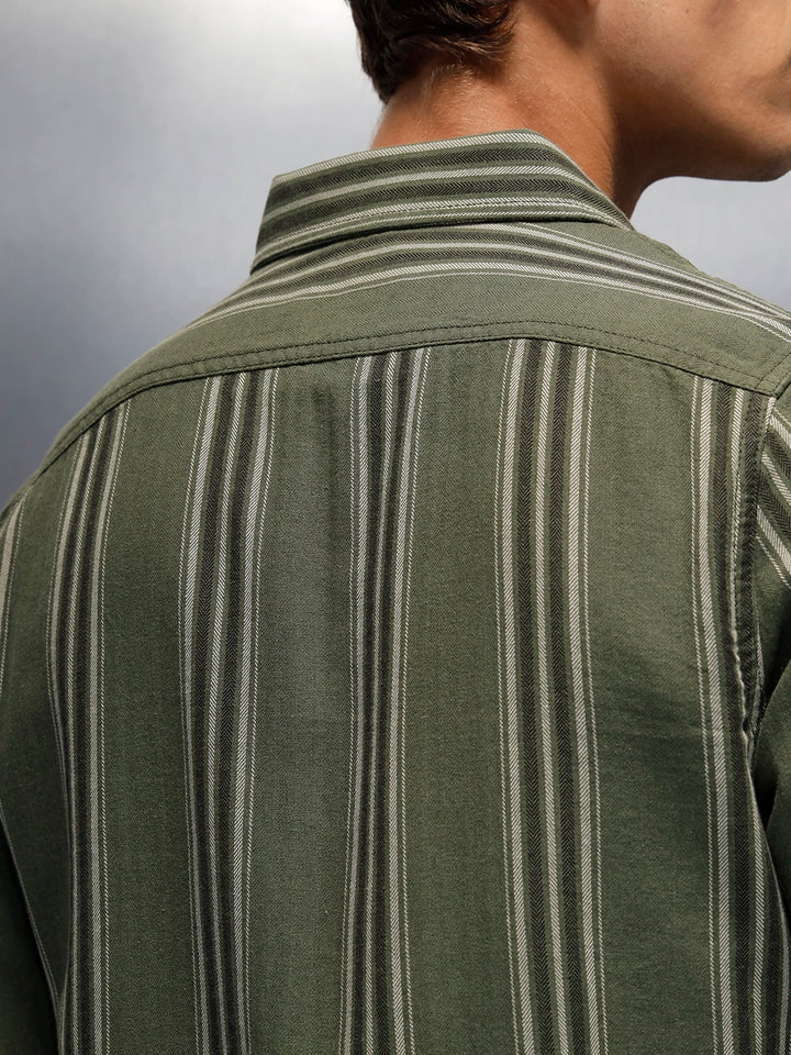 men's casual striped pattern shirt | Olive