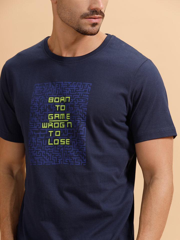 Placement Print Slim Fit T-Shirt  | Navy Blue