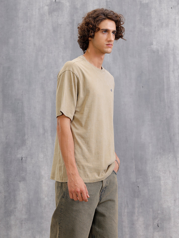 Washed Printed Oversized Fit Pure Cotton T-Shirt | Khaki