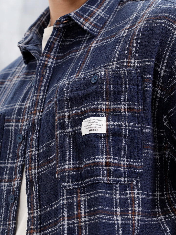 Wrogn Men's Oversized Double Pocket Textured Checks Shirt  | Navy Blue