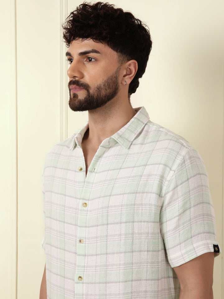 Checked Short Sleeve Textured Shirt | Light Green