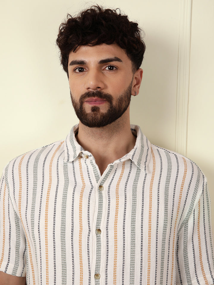 Striped Short Sleeve Textured Shirt | Off White
