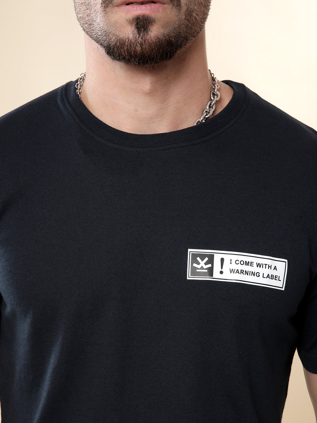 Warning Label Printed Navy T-Shirt